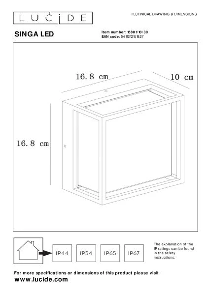 Lucide SINGA LED - Applique murale Intérieur/Extérieur - LED - 1x10W 3000K - IP54 - Noir - technique